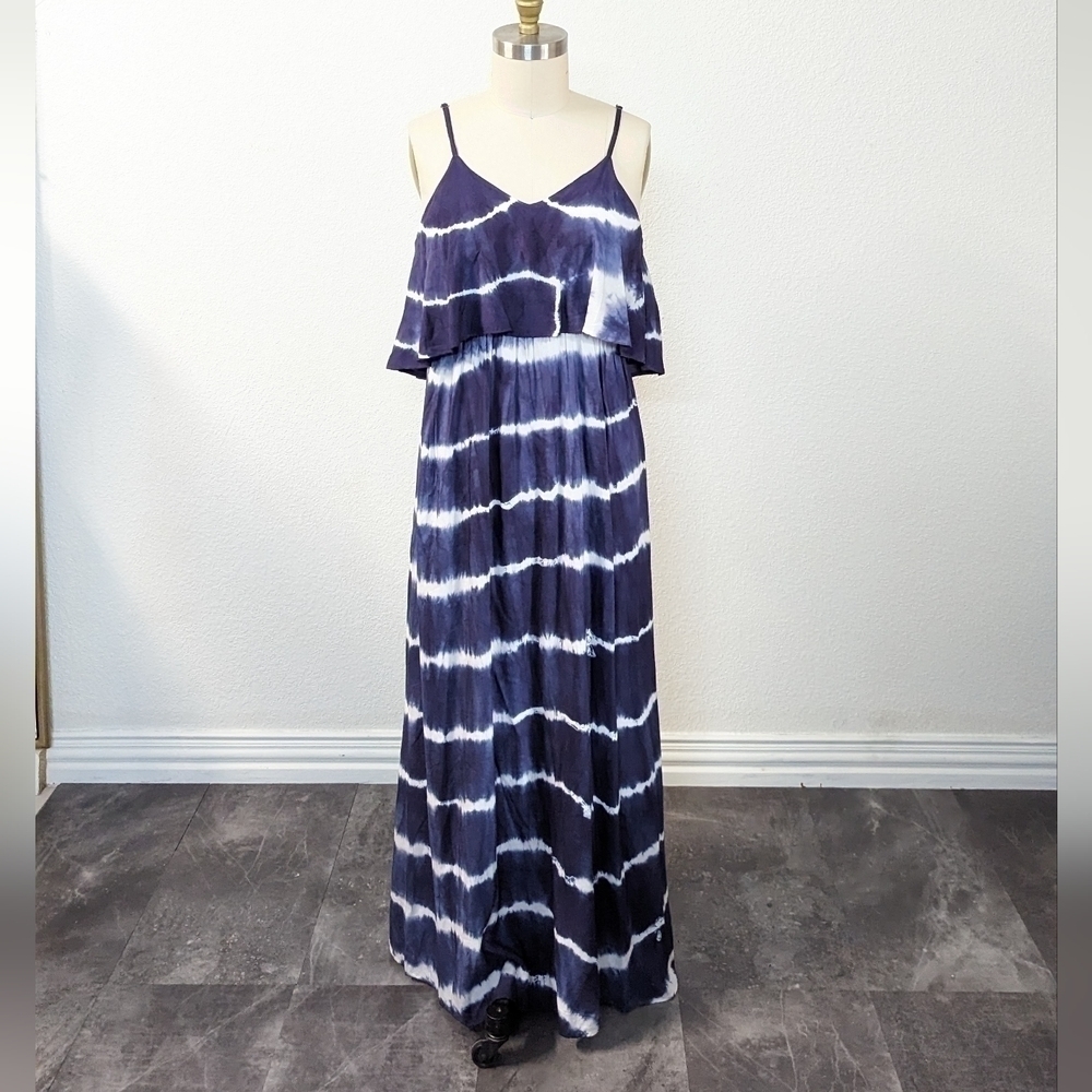 goa Tie Dye Maxi Dress Blue White L beach summer bohemian hippie 70s casual